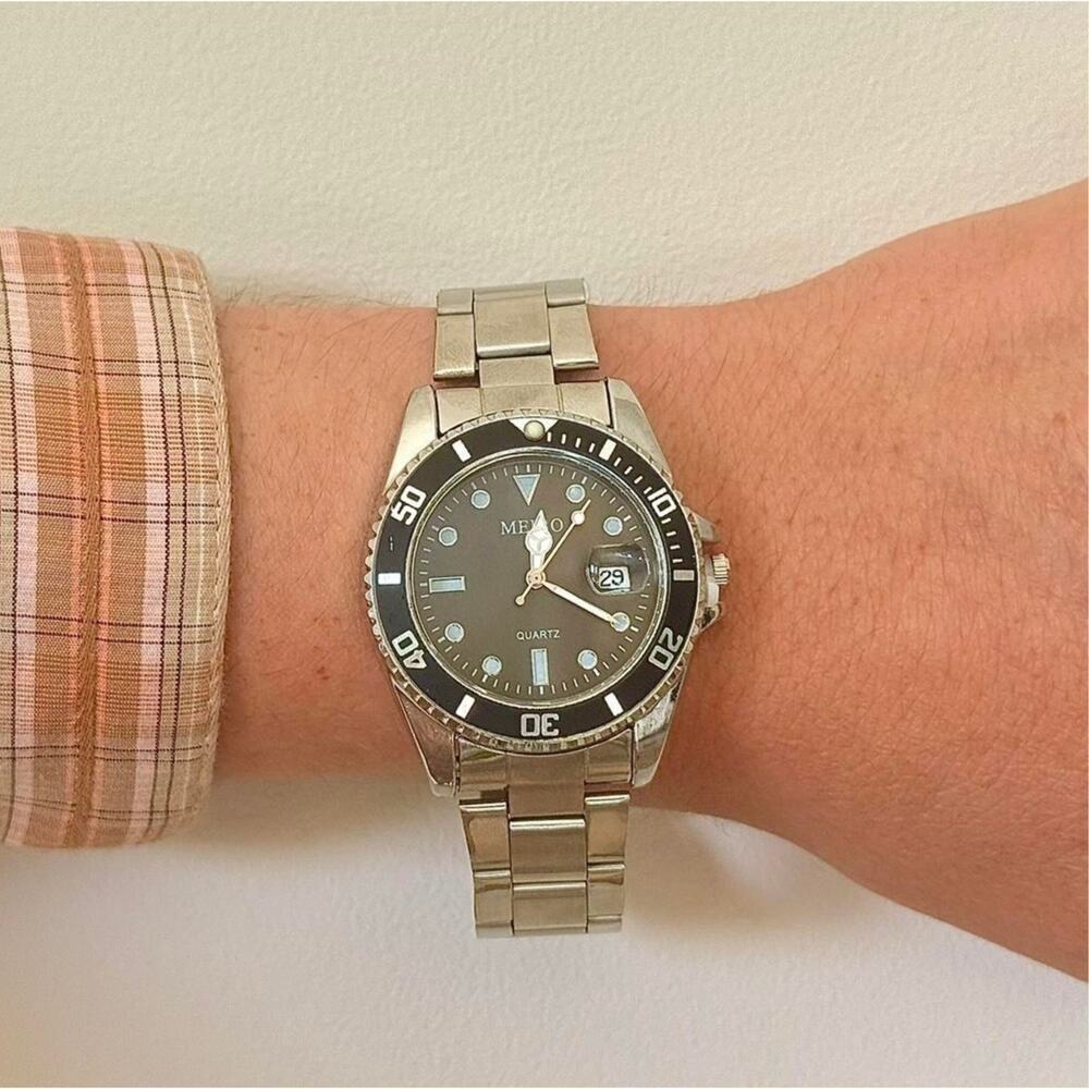 Y2K Silver Black Diver Style Quartz Watch with Date Unisex 8.5" New